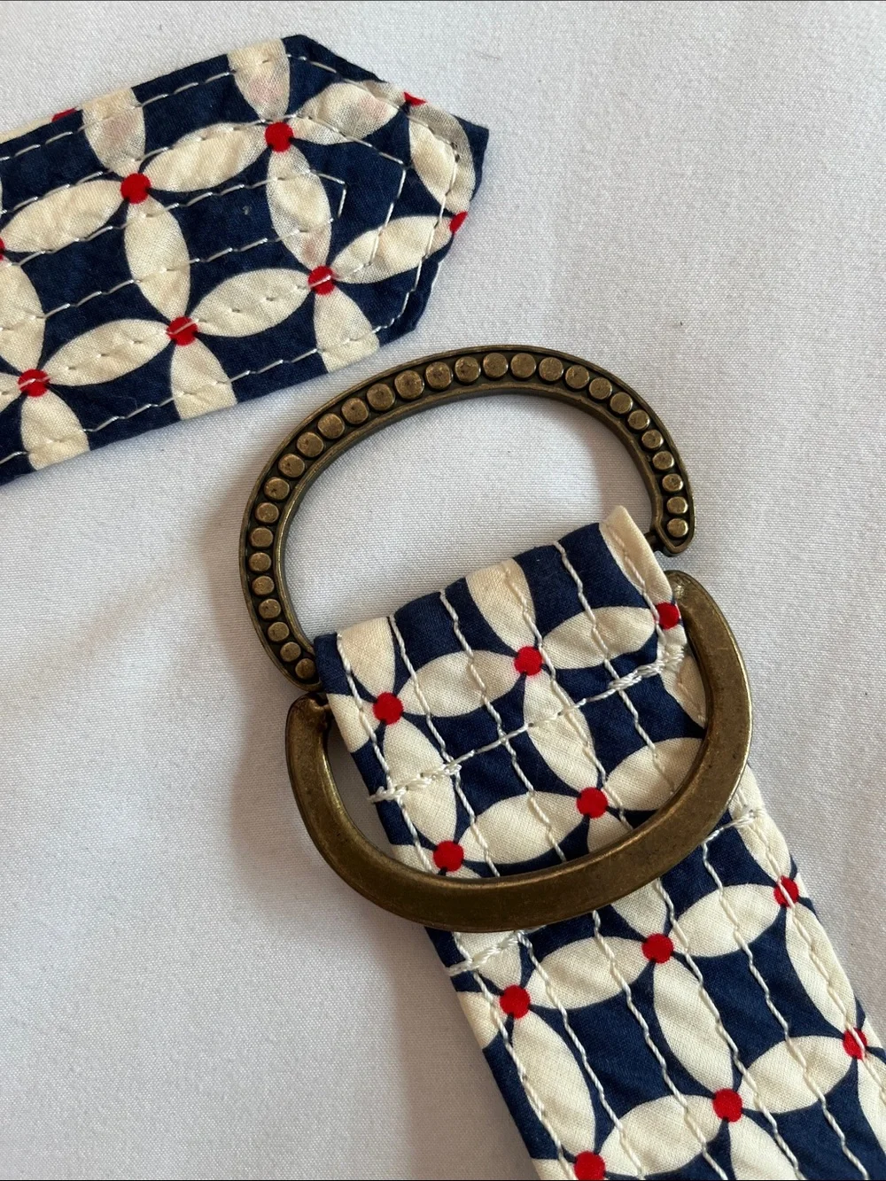 J Crew Y2K flower print belt cotton blue white  double D brass buckle S/M 2008